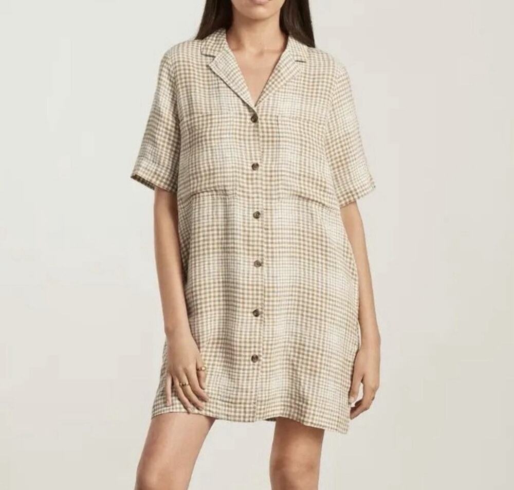 Everlane Linen Workwear Plaid Shirt Dress Pockets Women’s Beige Brown Small A
